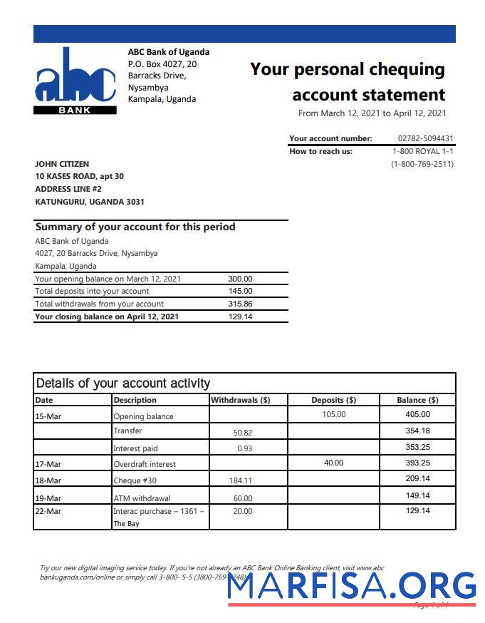 Blank Uganda ABC Bank of Uganda bank statement excel real example
